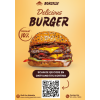 A5-Flyer mit Foto eines leckeren Burgers, Rabatt und QR-Code für die Bestellung, ideal für die Erstellung von Flyern.