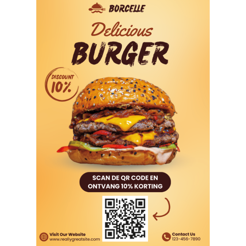 A5-Flyer mit Foto eines leckeren Burgers, Rabatt und QR-Code für die Bestellung, ideal für die Erstellung von Flyern.